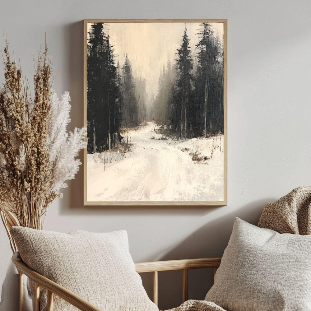 Forest Path Canvas Art, Neutral Winter Woodland Landscape Rustic Decor, Misty Framed Painting
