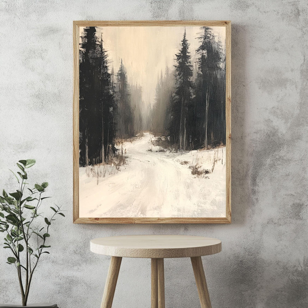 Forest Path Canvas Art, Neutral Winter Woodland Landscape Rustic Decor, Misty Framed Painting