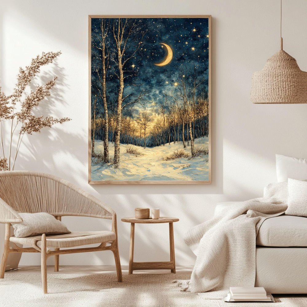 Crescent Moon Birch Canvas Art, Starry Winter Night Woodland Landscape Decor, Forest Framed Painting