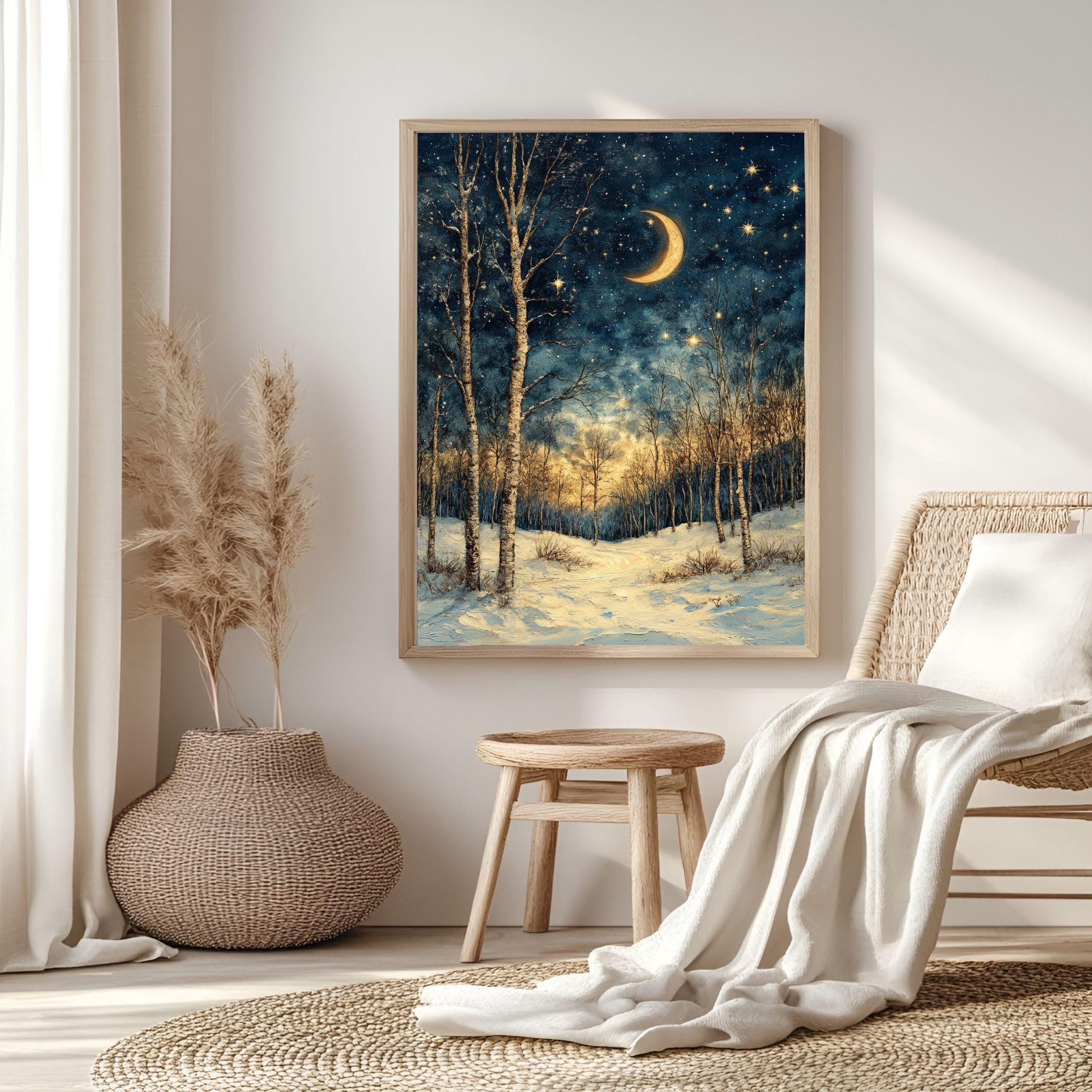 Crescent Moon Birch Canvas Art, Starry Winter Night Woodland Landscape Decor, Forest Framed Painting