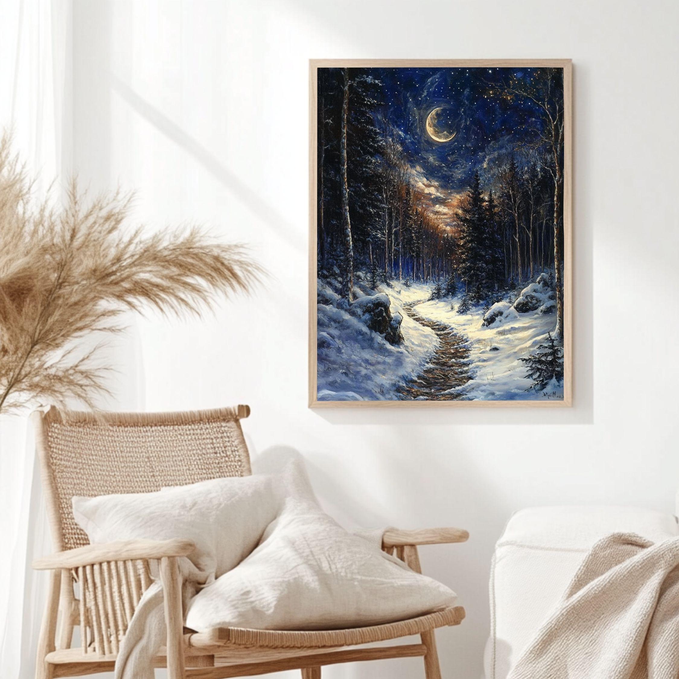 Moonlit Trail Framed Canvas Art, Snowy Forest Night Landscape Decor, Enchanted Painting