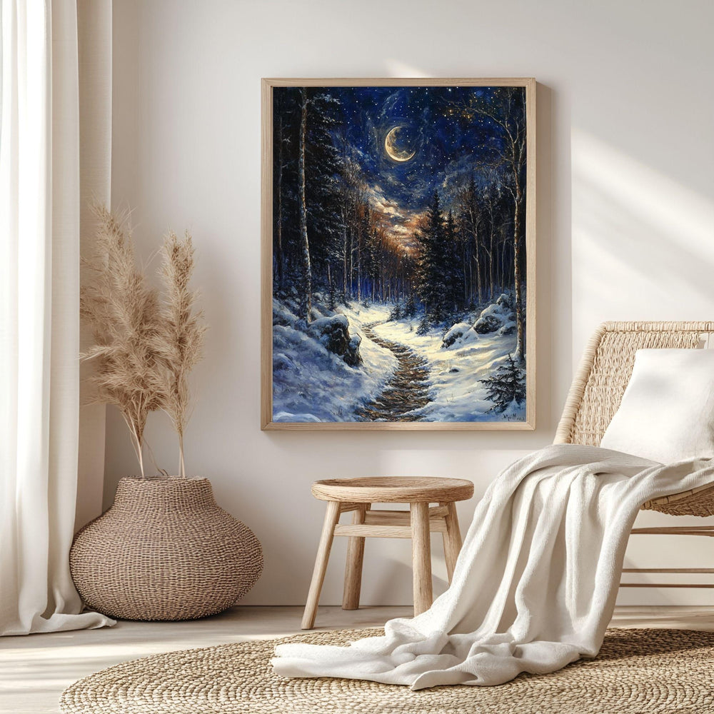 Moonlit Trail Framed Canvas Art, Snowy Forest Night Landscape Decor, Enchanted Painting
