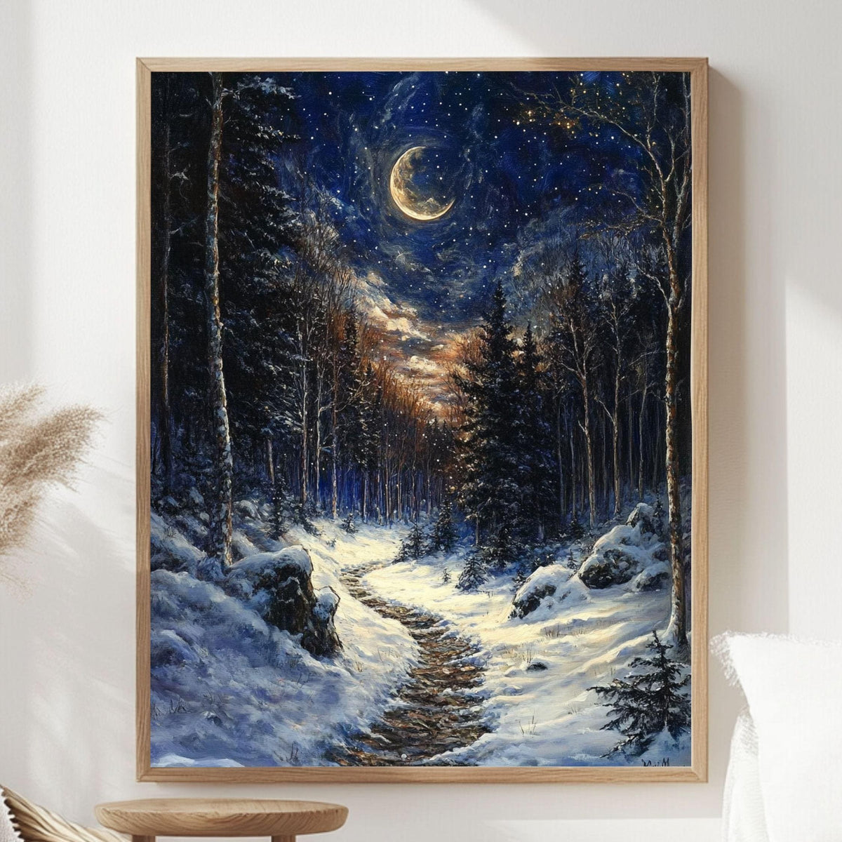 Moonlit Trail Framed Canvas Art, Snowy Forest Night Landscape Decor, Enchanted Painting