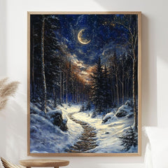 Moonlit Trail Framed Canvas Art, Snowy Forest Night Landscape Decor, Enchanted Painting