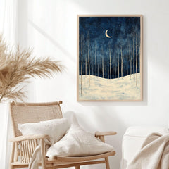 Birch Moon Canvas Art, Snowy Trees Winter Night Sky Decor, Framed Forest Painting