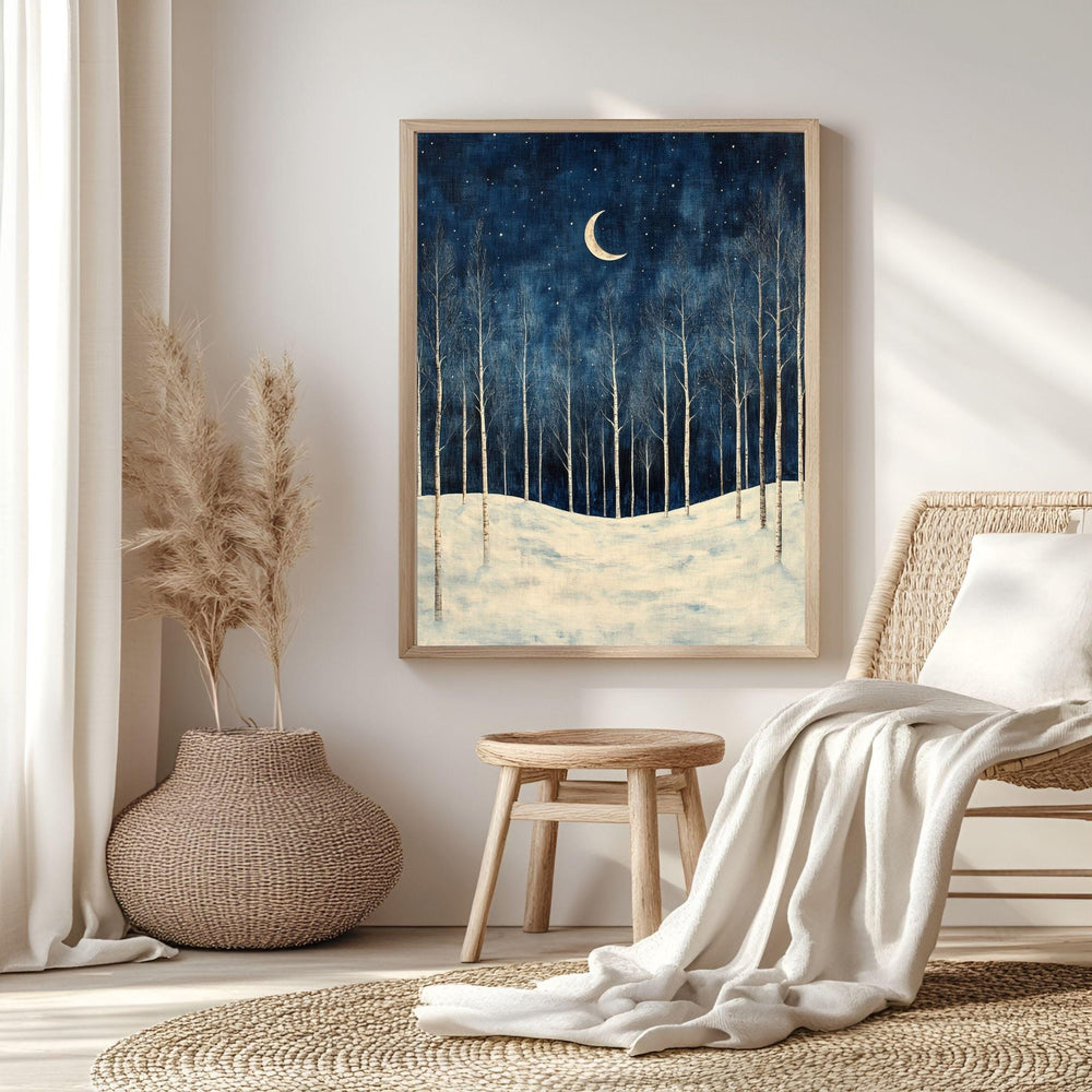 Birch Moon Canvas Art, Snowy Trees Winter Night Sky Decor, Framed Forest Painting