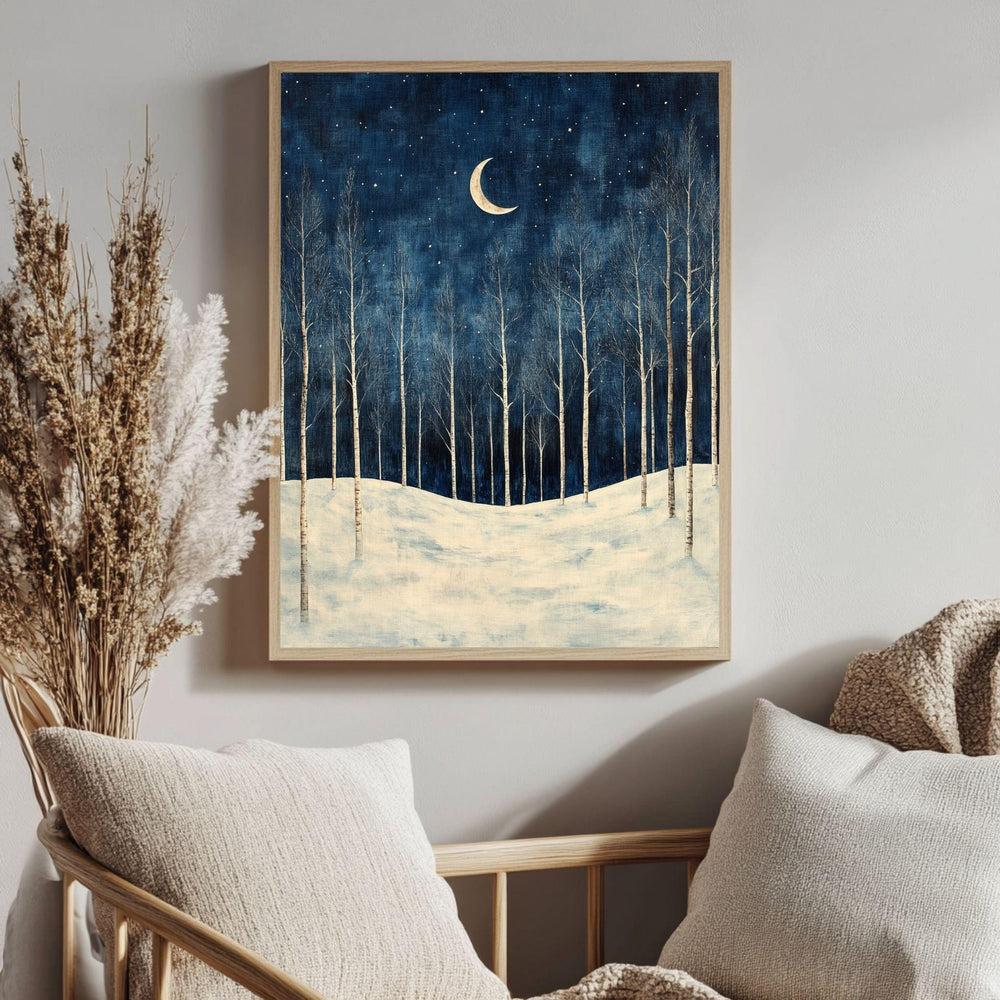 Birch Moon Canvas Art, Snowy Trees Winter Night Sky Decor, Framed Forest Painting