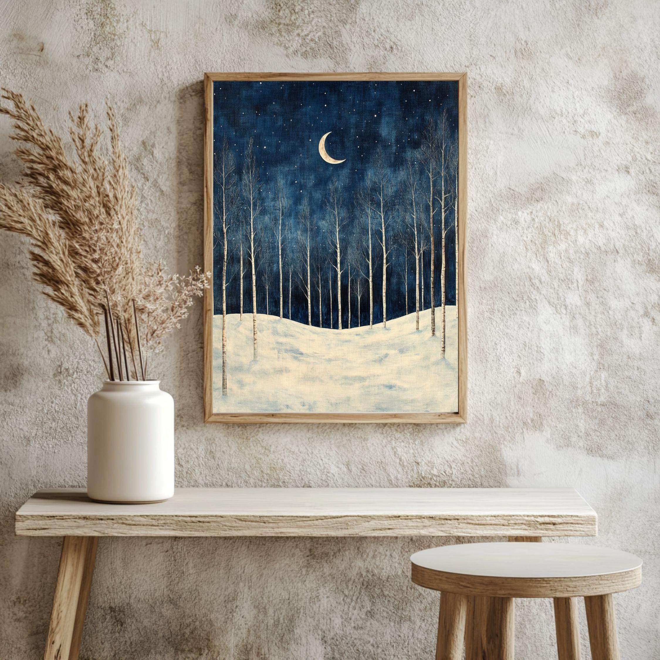 Birch Moon Canvas Art, Snowy Trees Winter Night Sky Decor, Framed Forest Painting