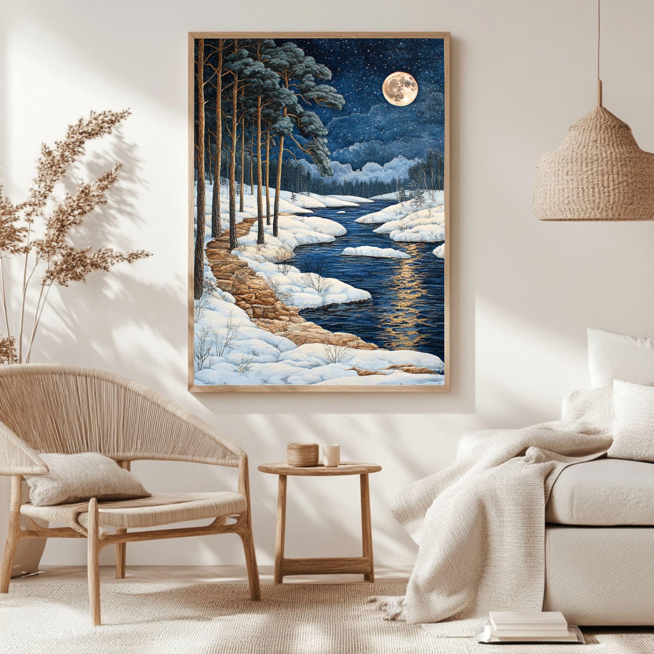 River Path Framed Canvas Art, Snowy Water Landscape Night Woodland Decor, Moonlit Painting