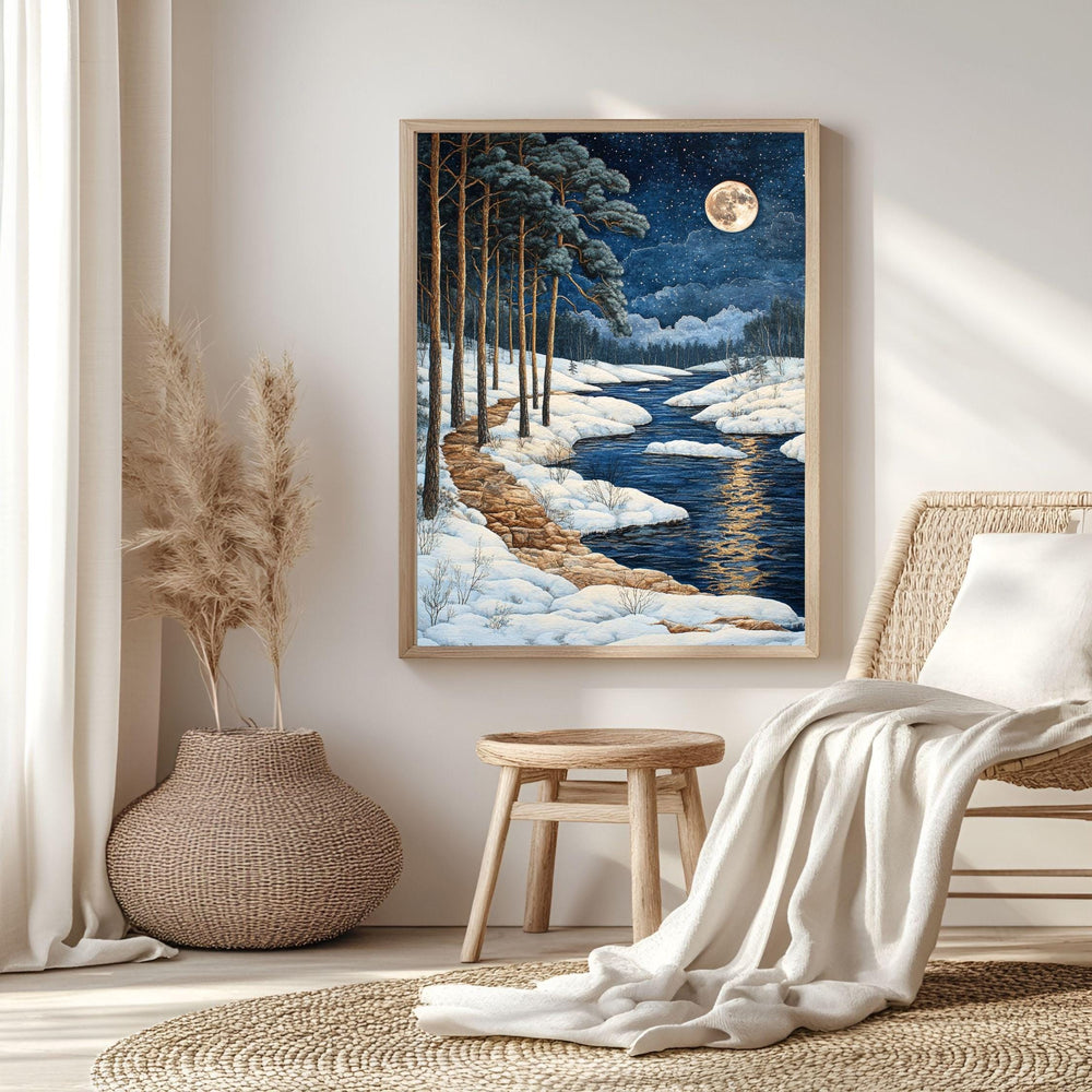 River Path Framed Canvas Art, Snowy Water Landscape Night Woodland Decor, Moonlit Painting