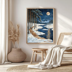 River Path Framed Canvas Art, Snowy Water Landscape Night Woodland Decor, Moonlit Painting
