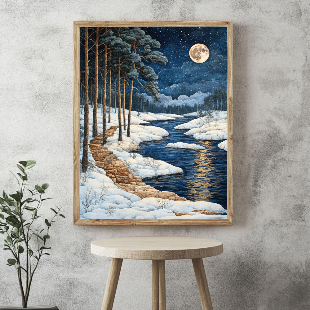 River Path Framed Canvas Art, Snowy Water Landscape Night Woodland Decor, Moonlit Painting