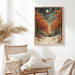 Golden Aspen Framed Canvas Art, Snowy Forest Moon Landscape Warm Decor, Winter Painting