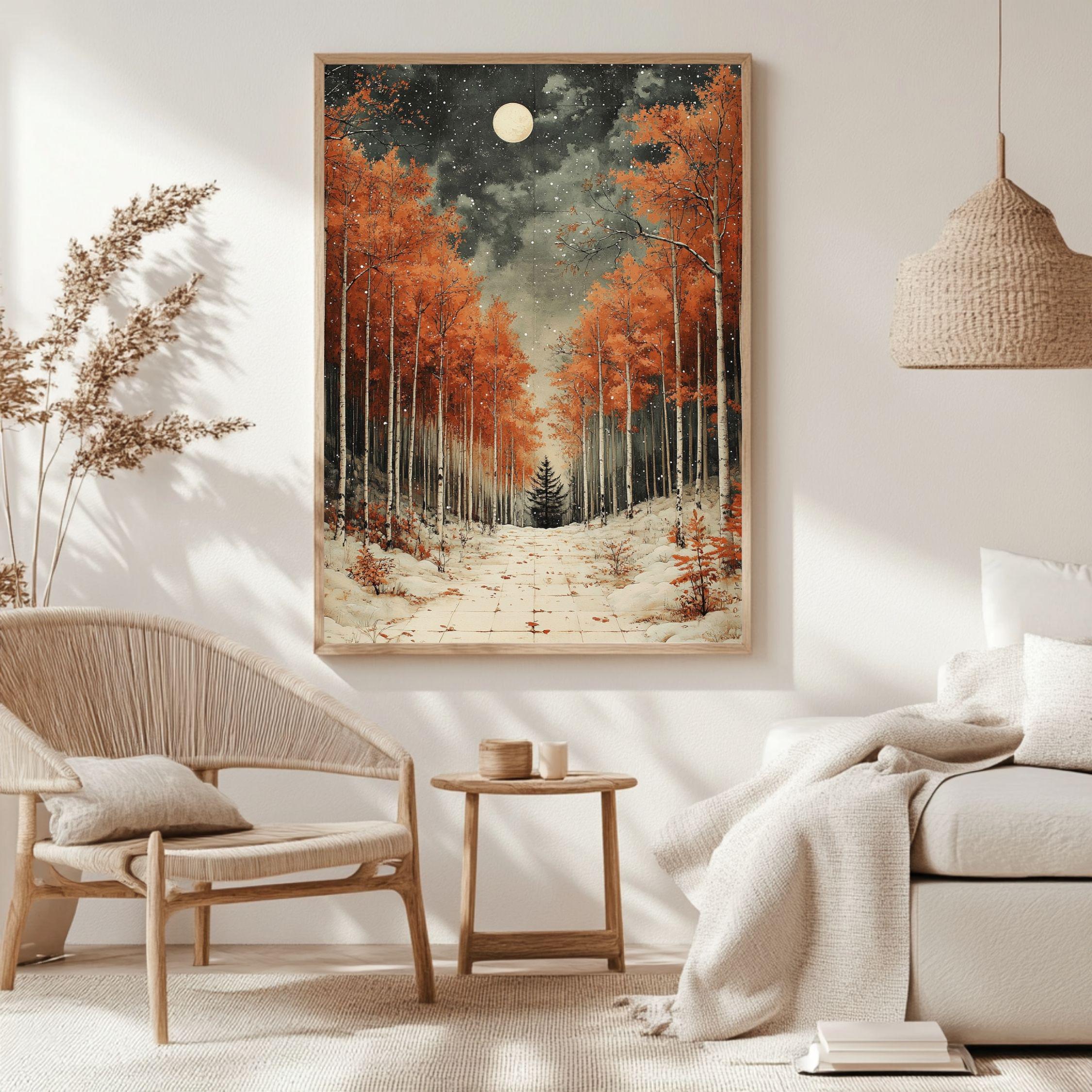 Golden Aspen Framed Canvas Art, Snowy Forest Moon Landscape Warm Decor, Winter Painting