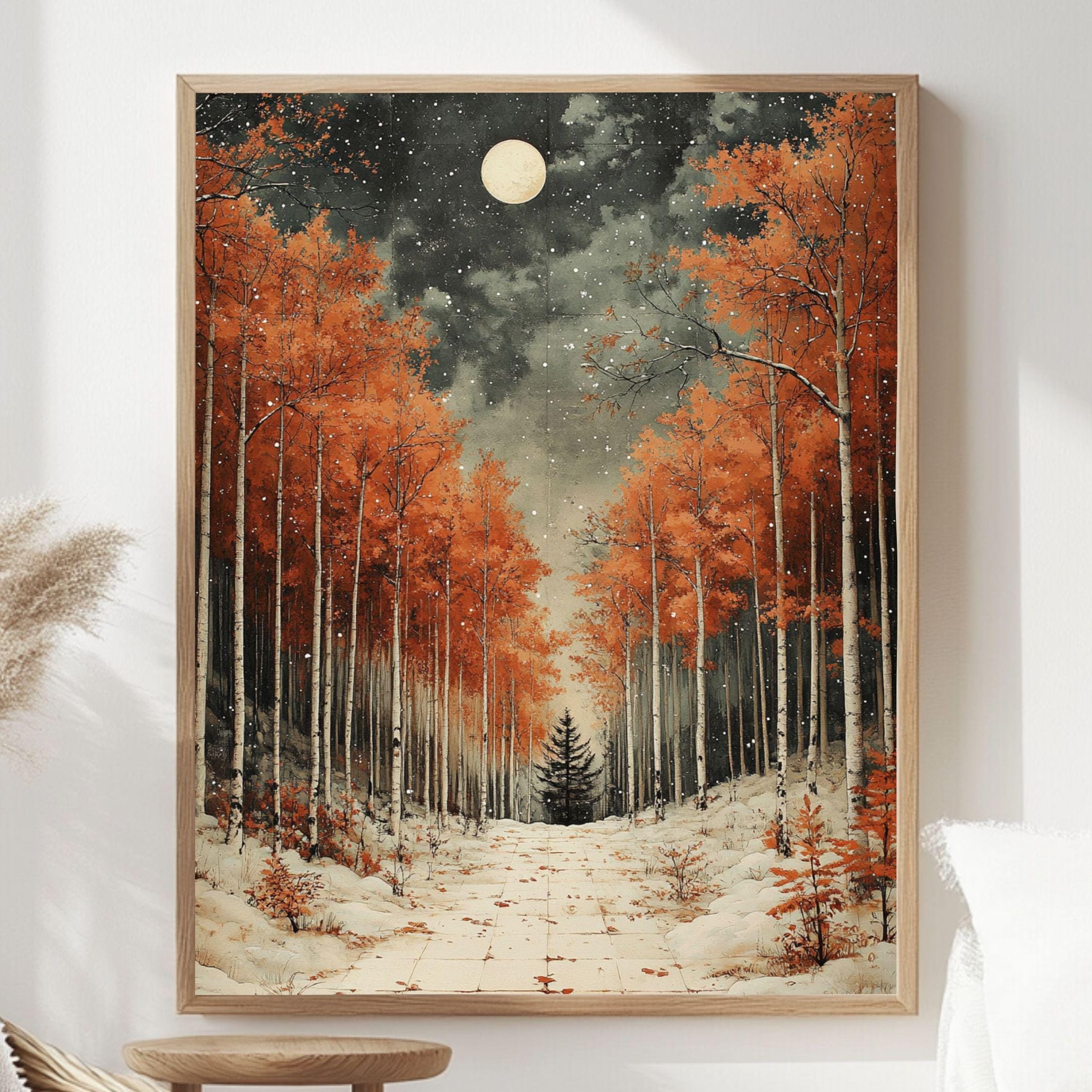 Golden Aspen Framed Canvas Art, Snowy Forest Moon Landscape Warm Decor, Winter Painting