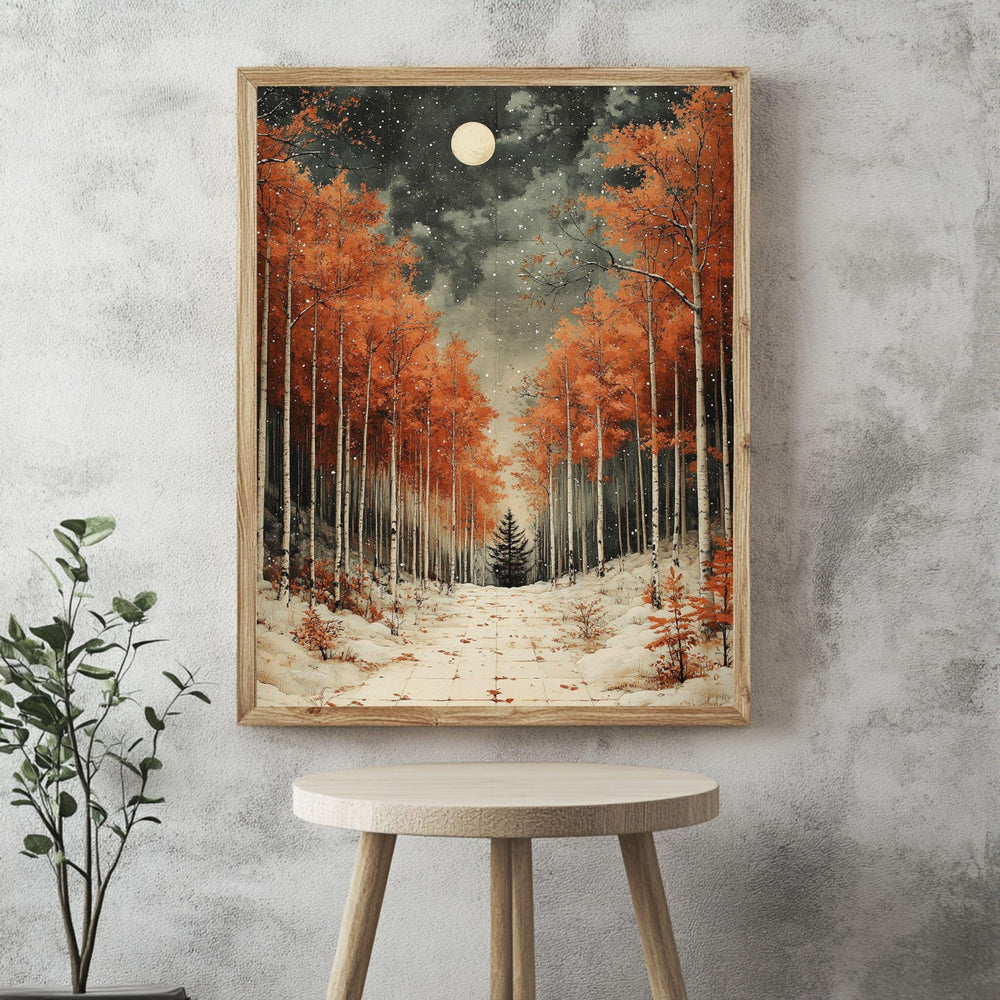 Golden Aspen Framed Canvas Art, Snowy Forest Moon Landscape Warm Decor, Winter Painting