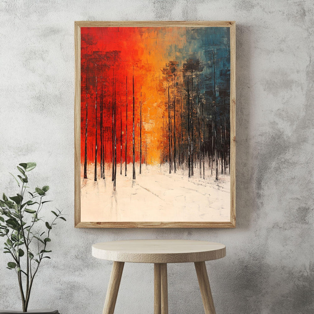 Forest Framed Canvas Art, Bold Winter Trees Modern Landscape Decor, Abstract Warm Painting
