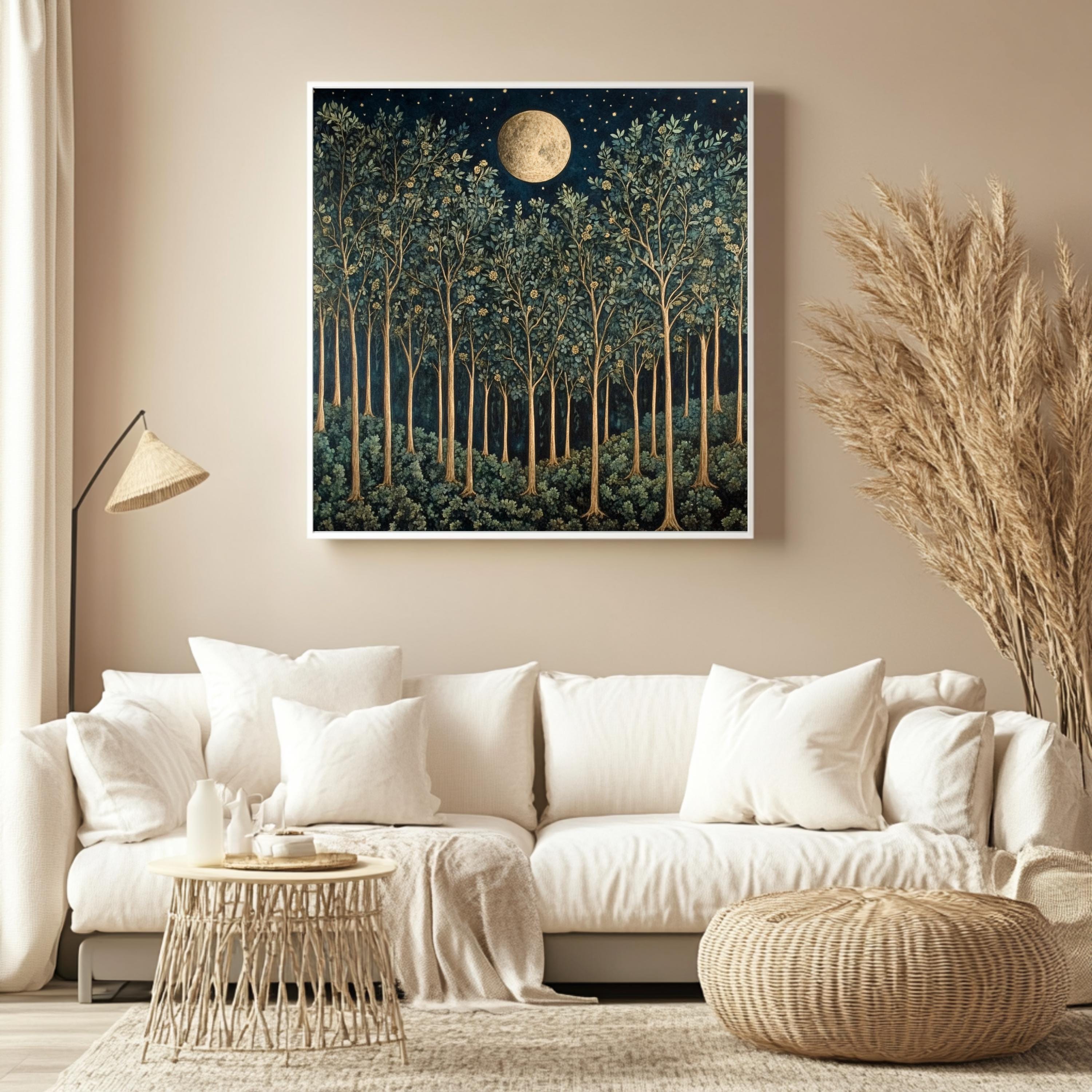 William Morris Vintage Forest Wall Art, Nature-Inspired Art, Woodland Wall Art, Full Moon Wall Art, Moon over Forest Painting