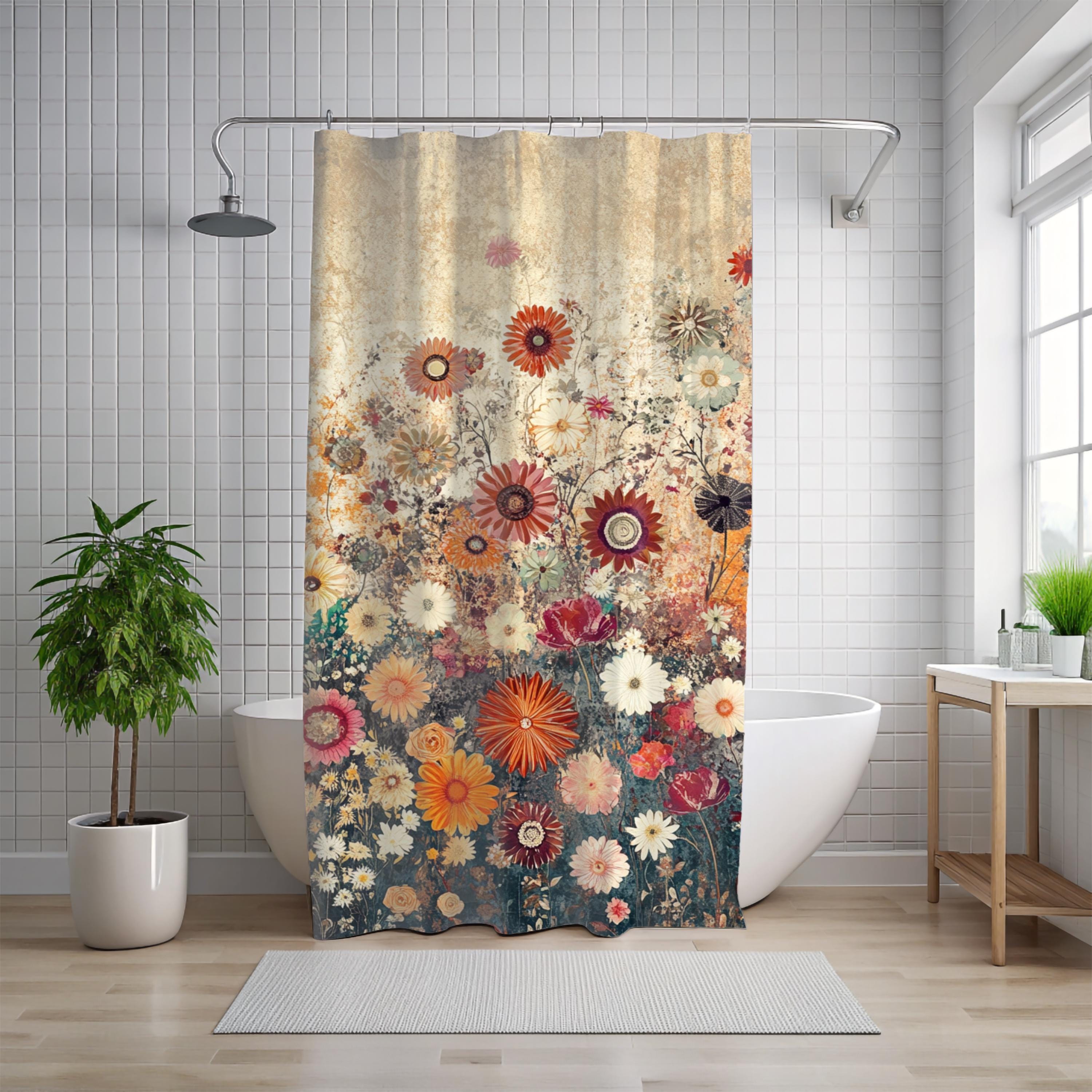 Batik Floral Shower Curtain, Vibrant Botanical Bathroom Decor, Vintage Inspired Floral Display, Colorful Garden Bath Panel