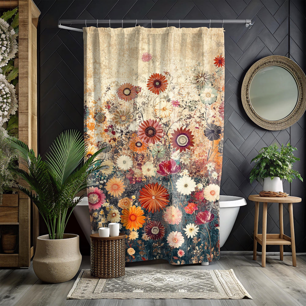 Batik Floral Shower Curtain, Vibrant Botanical Bathroom Decor, Vintage Inspired Floral Display, Colorful Garden Bath Panel
