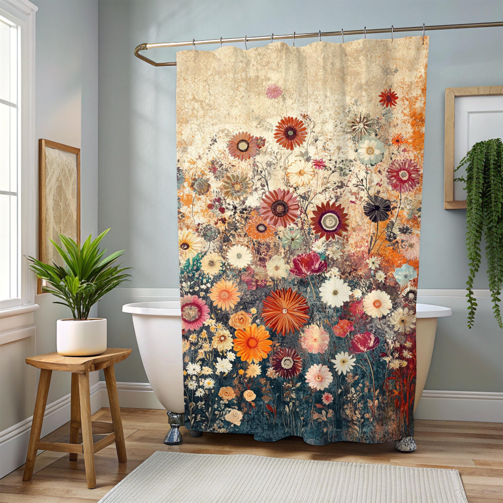 Batik Floral Shower Curtain, Vibrant Botanical Bathroom Decor, Vintage Inspired Floral Display, Colorful Garden Bath Panel