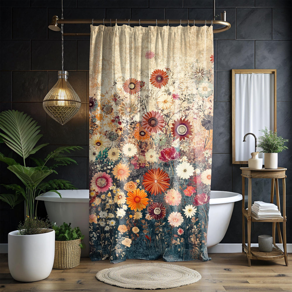 Batik Floral Shower Curtain, Vibrant Botanical Bathroom Decor, Vintage Inspired Floral Display, Colorful Garden Bath Panel