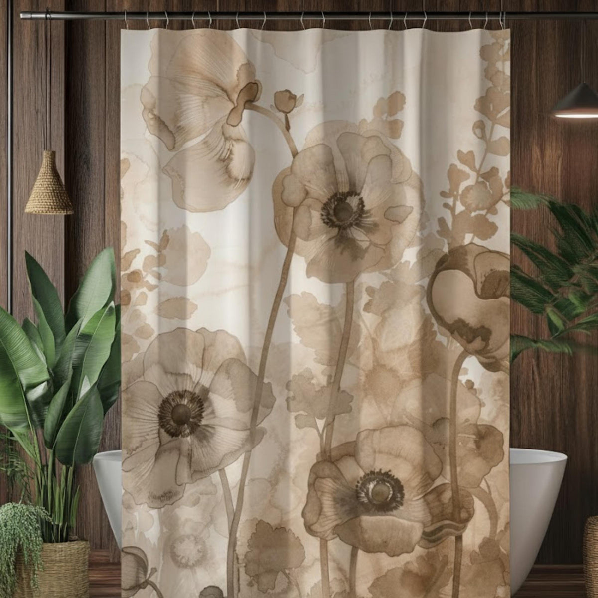 Neutral Poppy Floral Shower Curtain, Sepia Botanical Bathroom Decor, Soft Watercolor Flower Curtain, Elegant Nature Inspired Bath Display