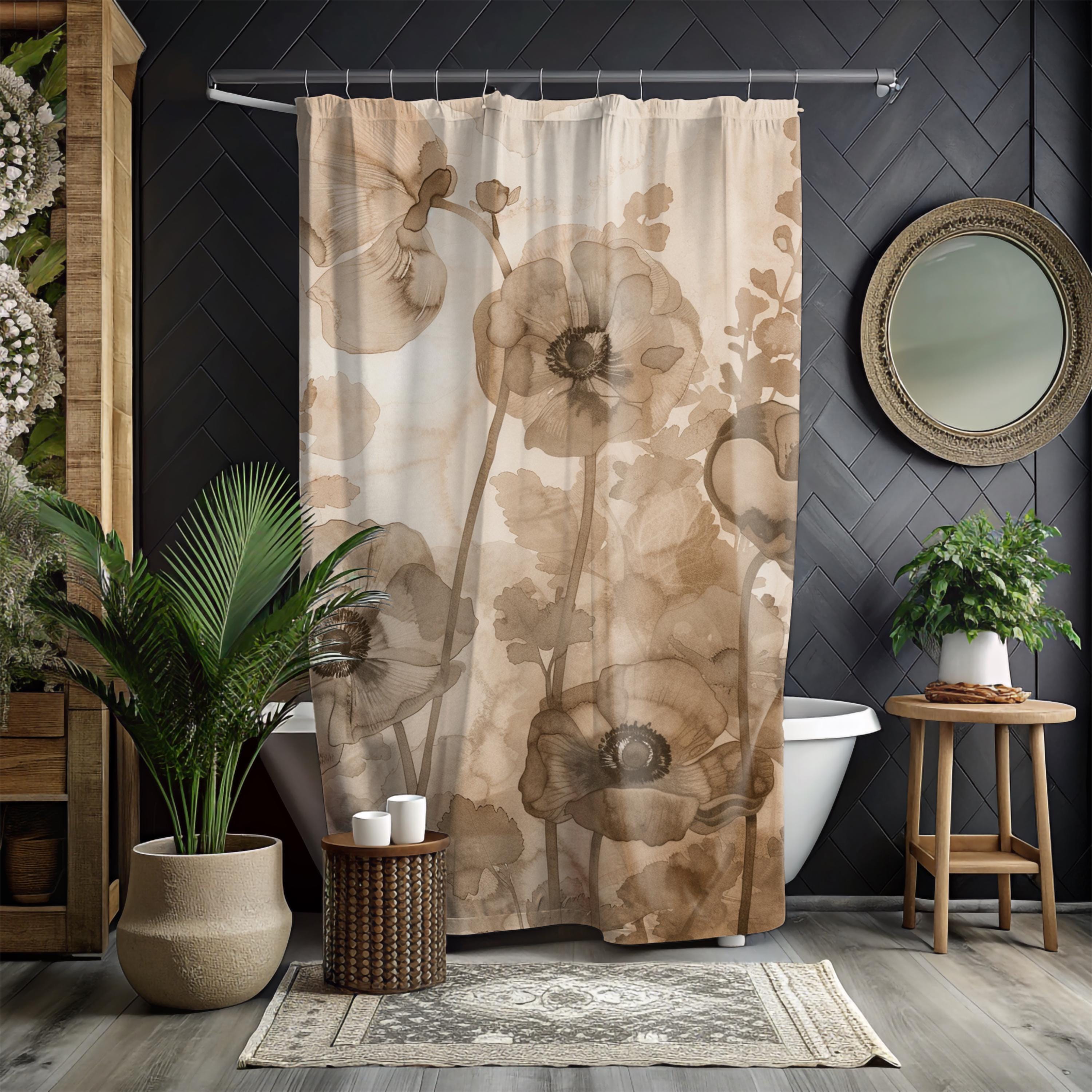 Neutral Poppy Floral Shower Curtain, Sepia Botanical Bathroom Decor, Soft Watercolor Flower Curtain, Elegant Nature Inspired Bath Display