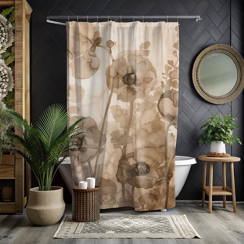 Neutral Poppy Floral Shower Curtain, Sepia Botanical Bathroom Decor, Soft Watercolor Flower Curtain, Elegant Nature Inspired Bath Display