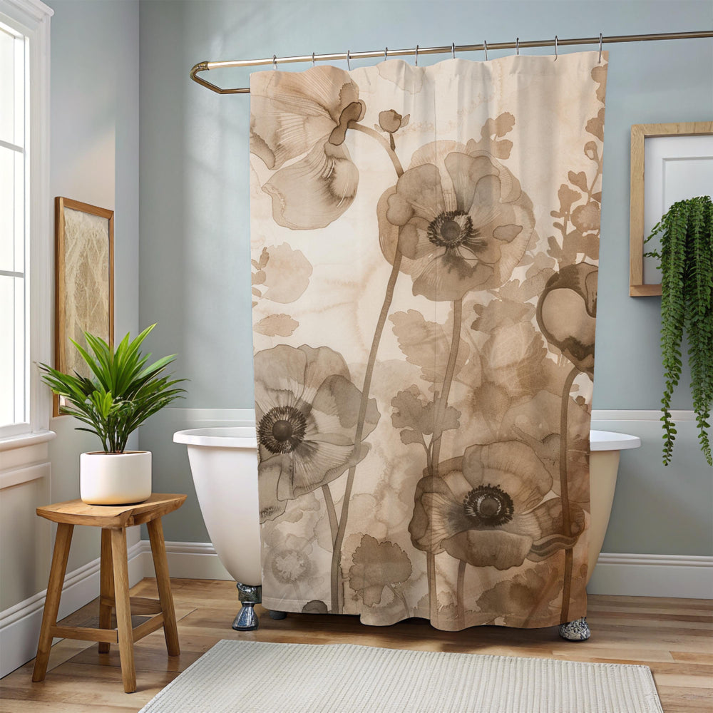 Neutral Poppy Floral Shower Curtain, Sepia Botanical Bathroom Decor, Soft Watercolor Flower Curtain, Elegant Nature Inspired Bath Display