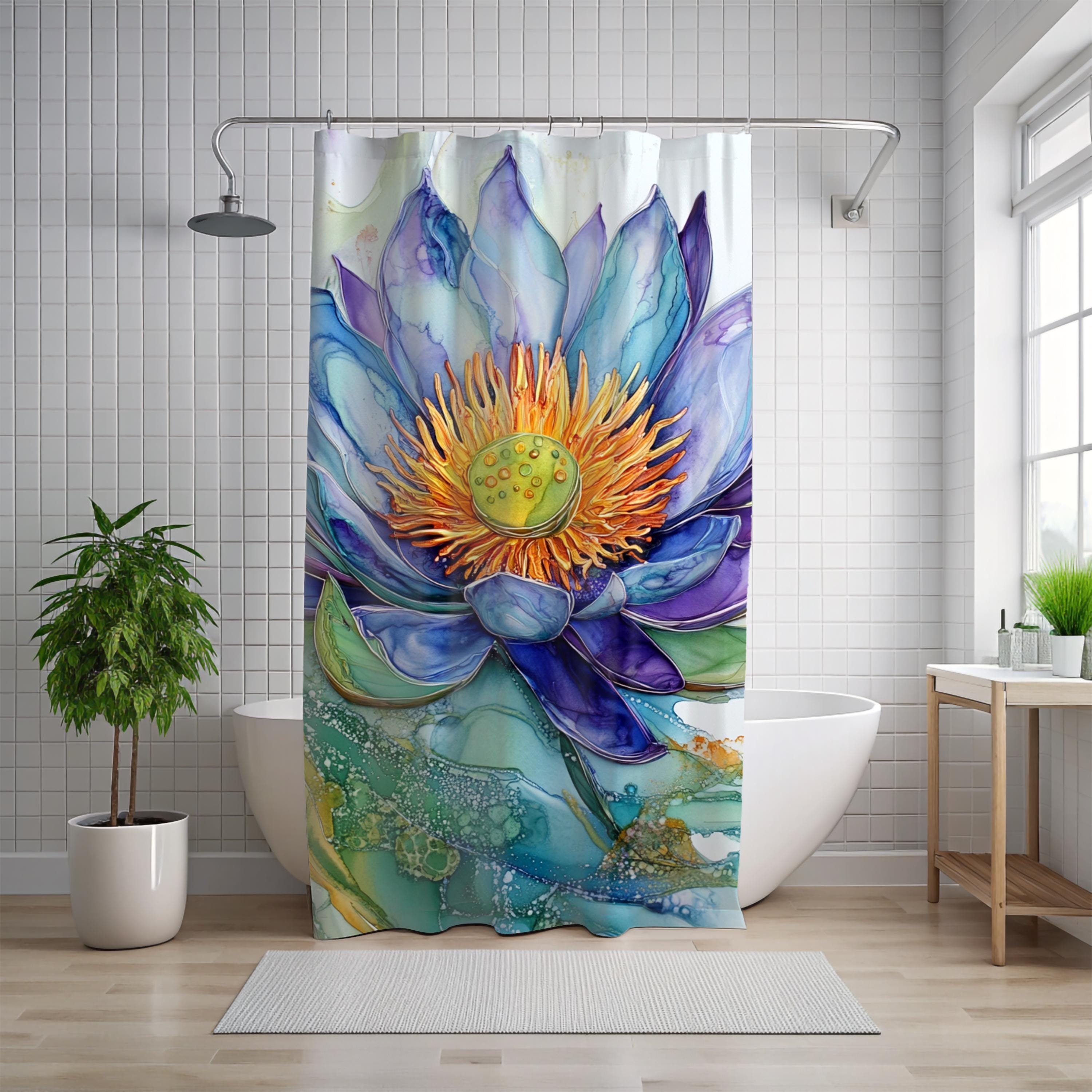 Alcohol Ink Lotus Shower Curtain, Vibrant Floral Bathroom Decor, Modern Artistic Water Bloom, Colorful Botanical Bath Panel