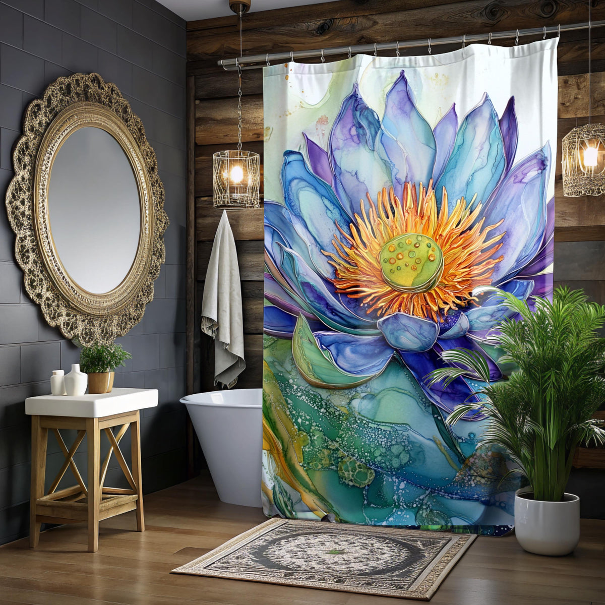 Alcohol Ink Lotus Shower Curtain, Vibrant Floral Bathroom Decor, Modern Artistic Water Bloom, Colorful Botanical Bath Panel