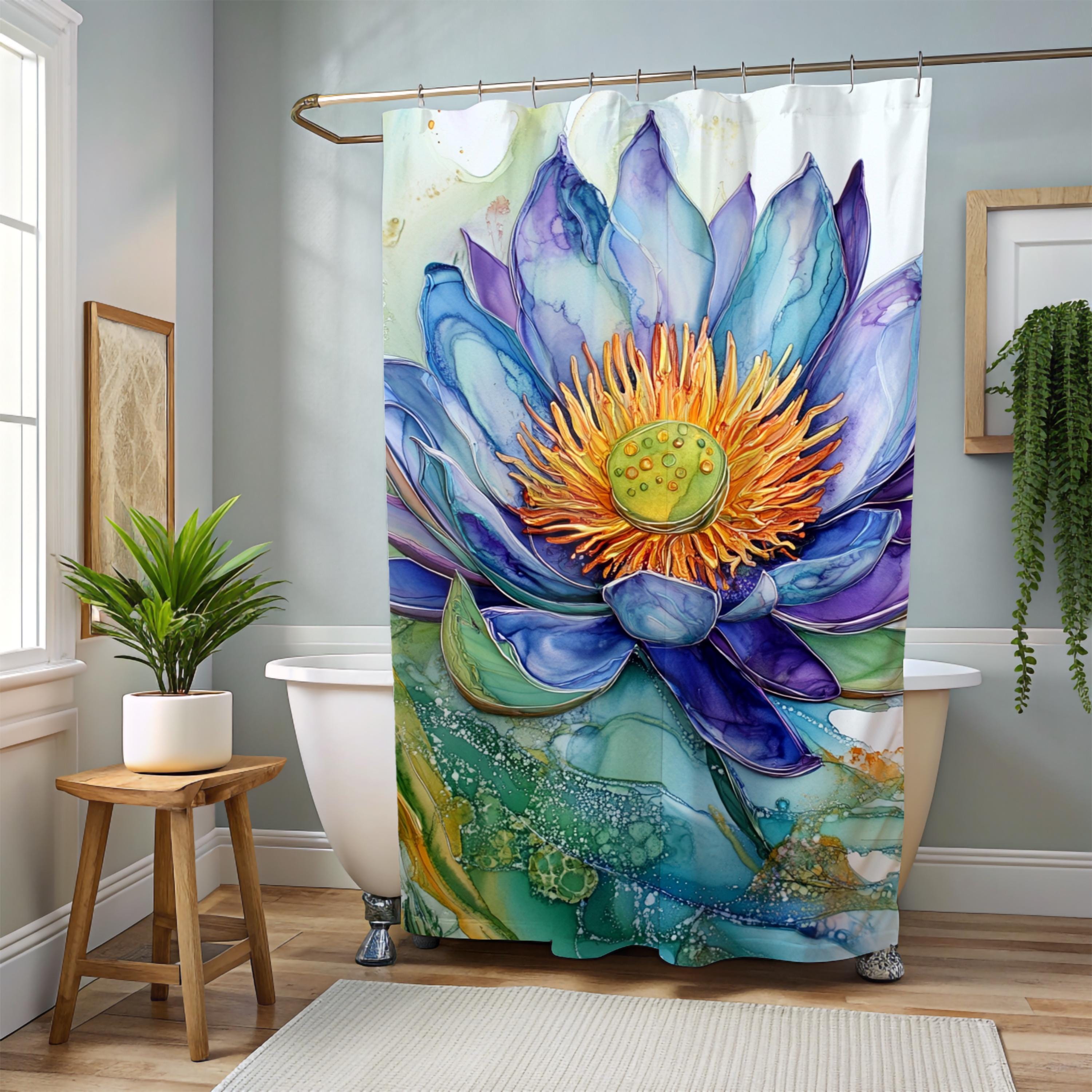 Alcohol Ink Lotus Shower Curtain, Vibrant Floral Bathroom Decor, Modern Artistic Water Bloom, Colorful Botanical Bath Panel