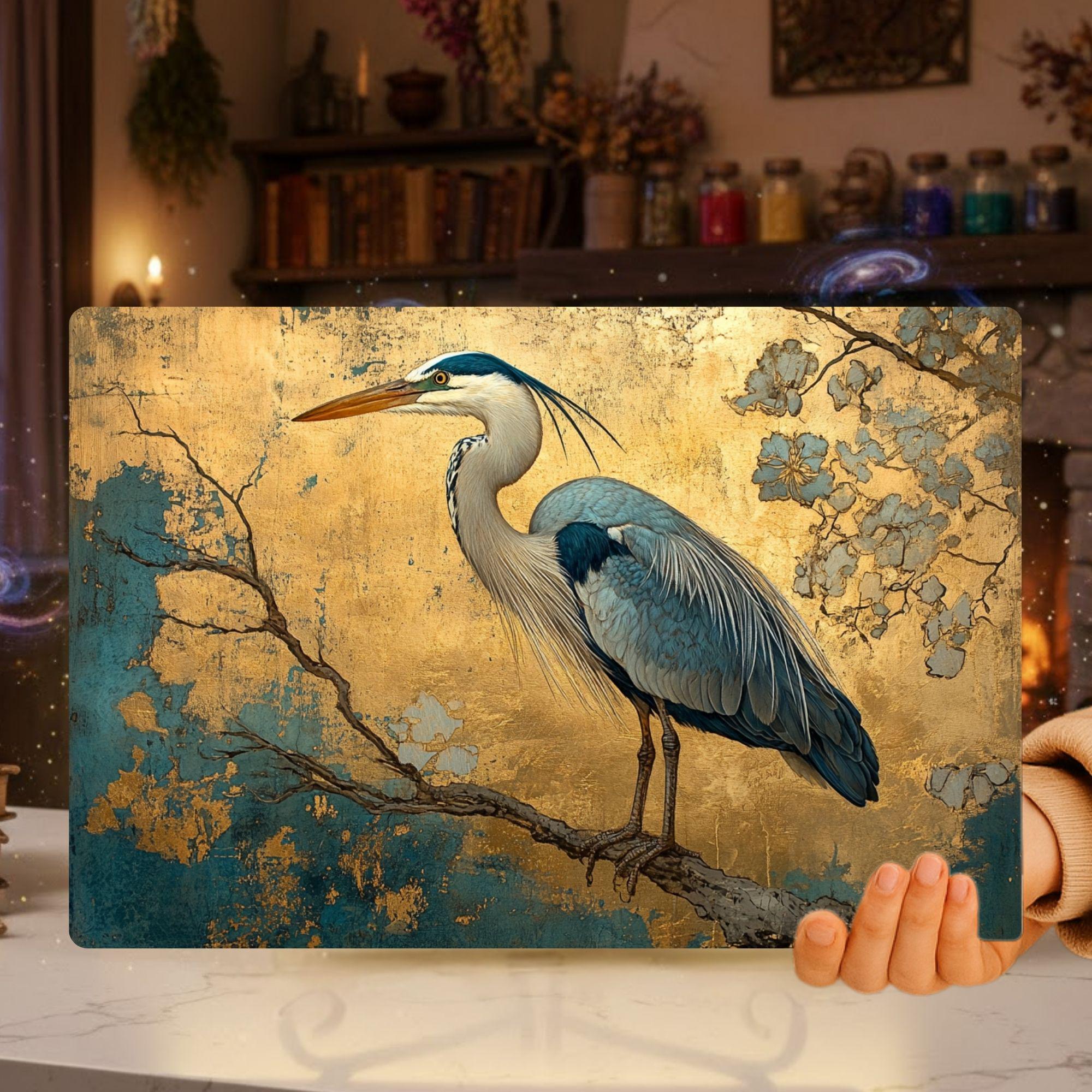Golden Heron Glass Cutting Board, Blue Bird Metallic Style Kitchen Glass Counter Art, Elegant Nature Decor Tempered Glass Board Home Gift