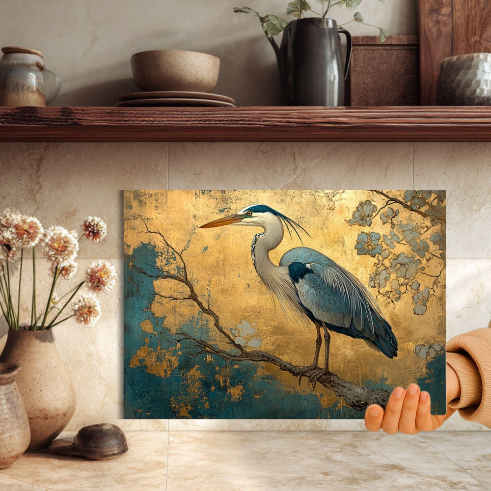 Golden Heron Glass Cutting Board, Blue Bird Metallic Style Kitchen Glass Counter Art, Elegant Nature Decor Tempered Glass Board Home Gift