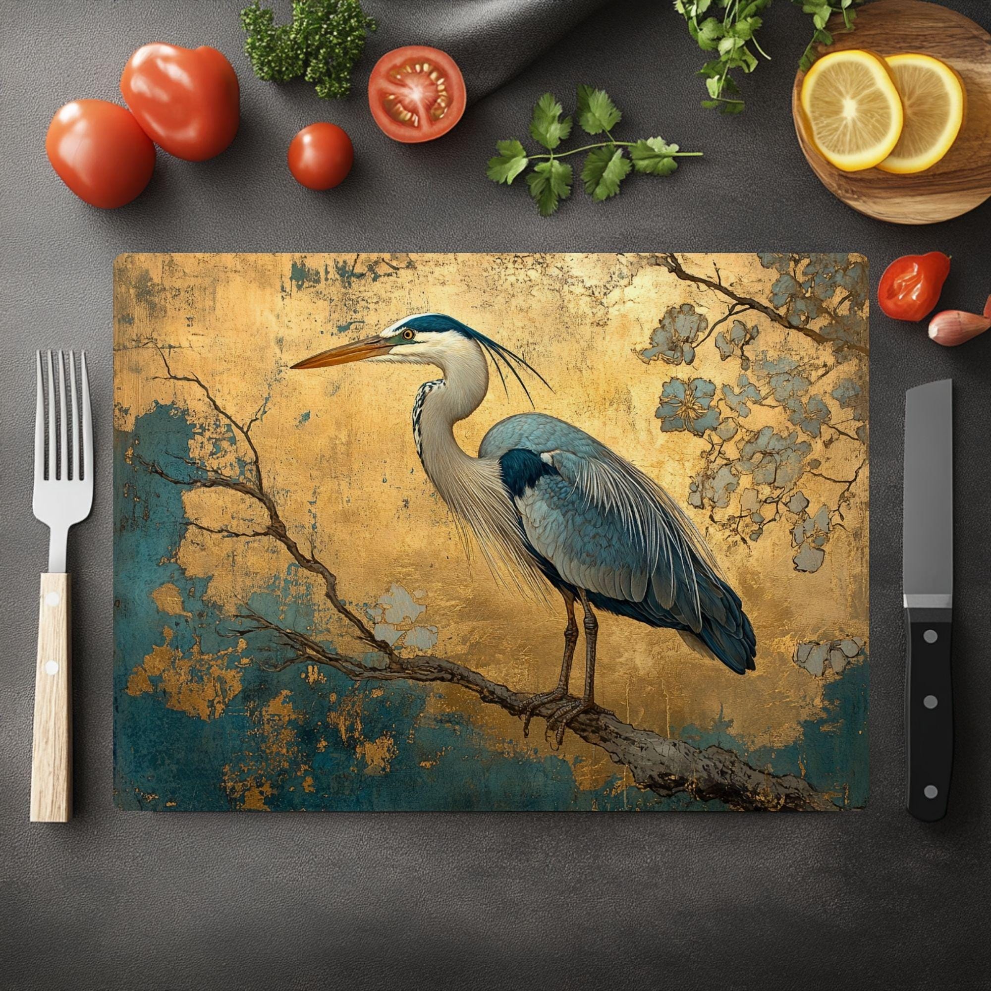 Golden Heron Glass Cutting Board, Blue Bird Metallic Style Kitchen Glass Counter Art, Elegant Nature Decor Tempered Glass Board Home Gift