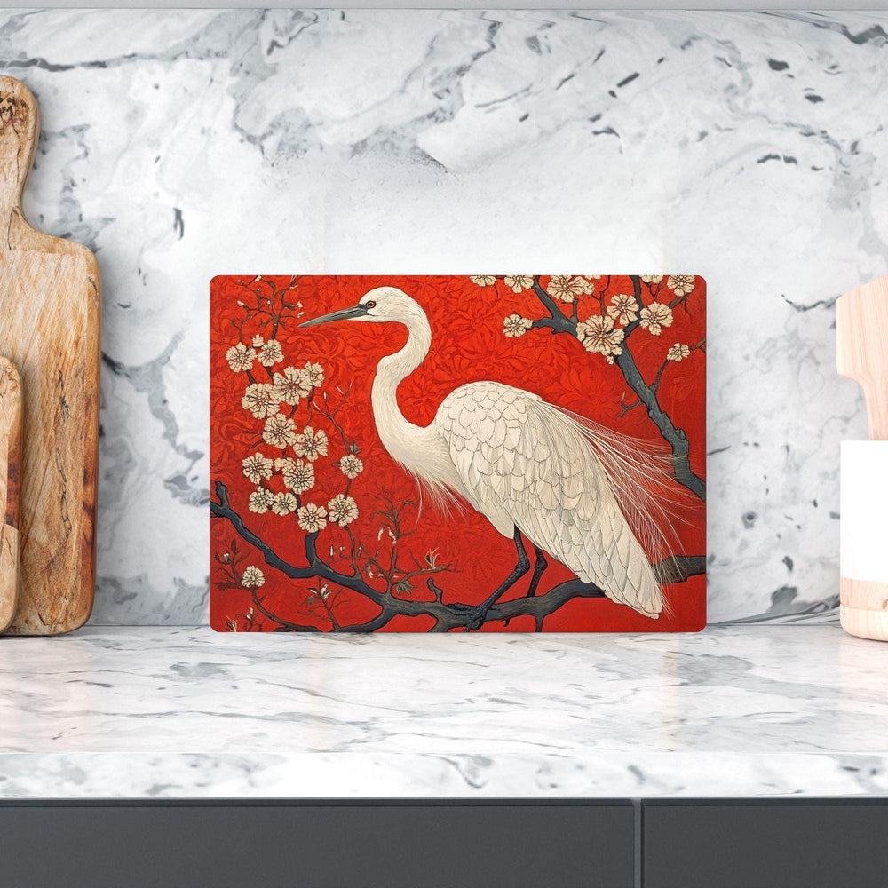 White Heron Glass Cutting Board, Red Floral Japanese Style Kitchen Glass Counter Art, Elegant Bird Tempered Glass Board Home Decor Gift