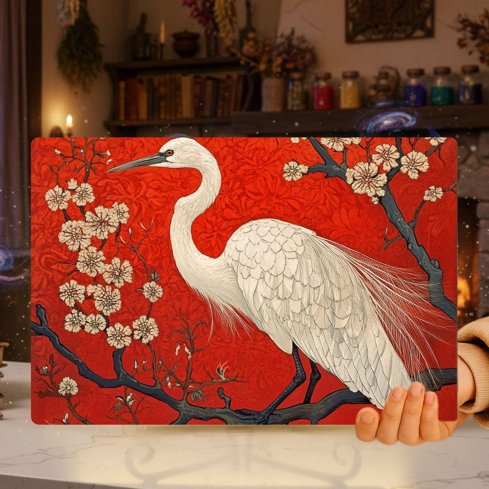 White Heron Glass Cutting Board, Red Floral Japanese Style Kitchen Glass Counter Art, Elegant Bird Tempered Glass Board Home Decor Gift