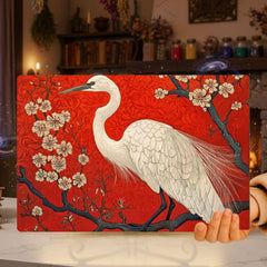 White Heron Glass Cutting Board, Red Floral Japanese Style Kitchen Glass Counter Art, Elegant Bird Tempered Glass Board Home Decor Gift