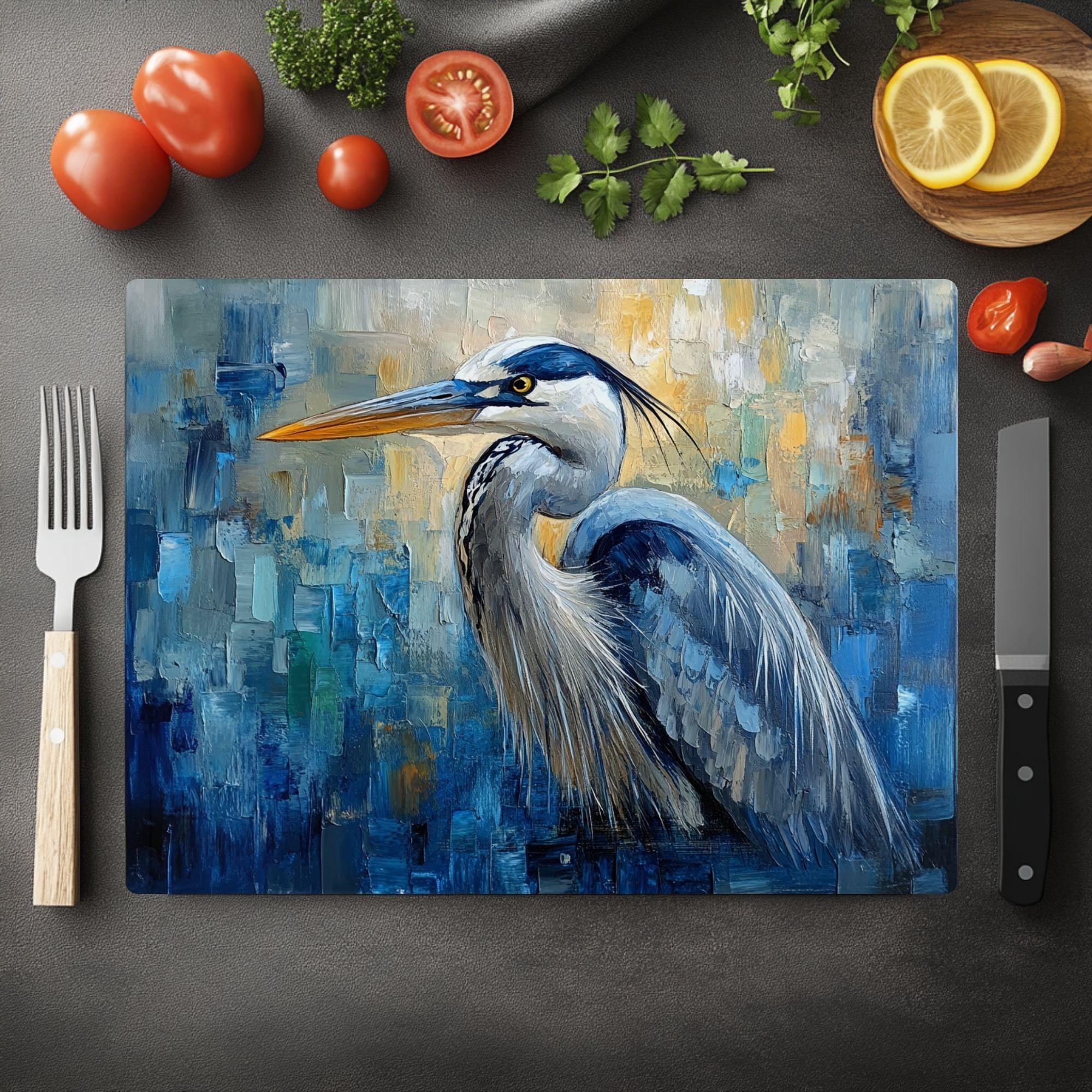 Blue Heron Abstract Glass Cutting Board, Coastal Bird Kitchen Glass Counter Art, Modern Nature Tempered Glass Board Coastal Gift