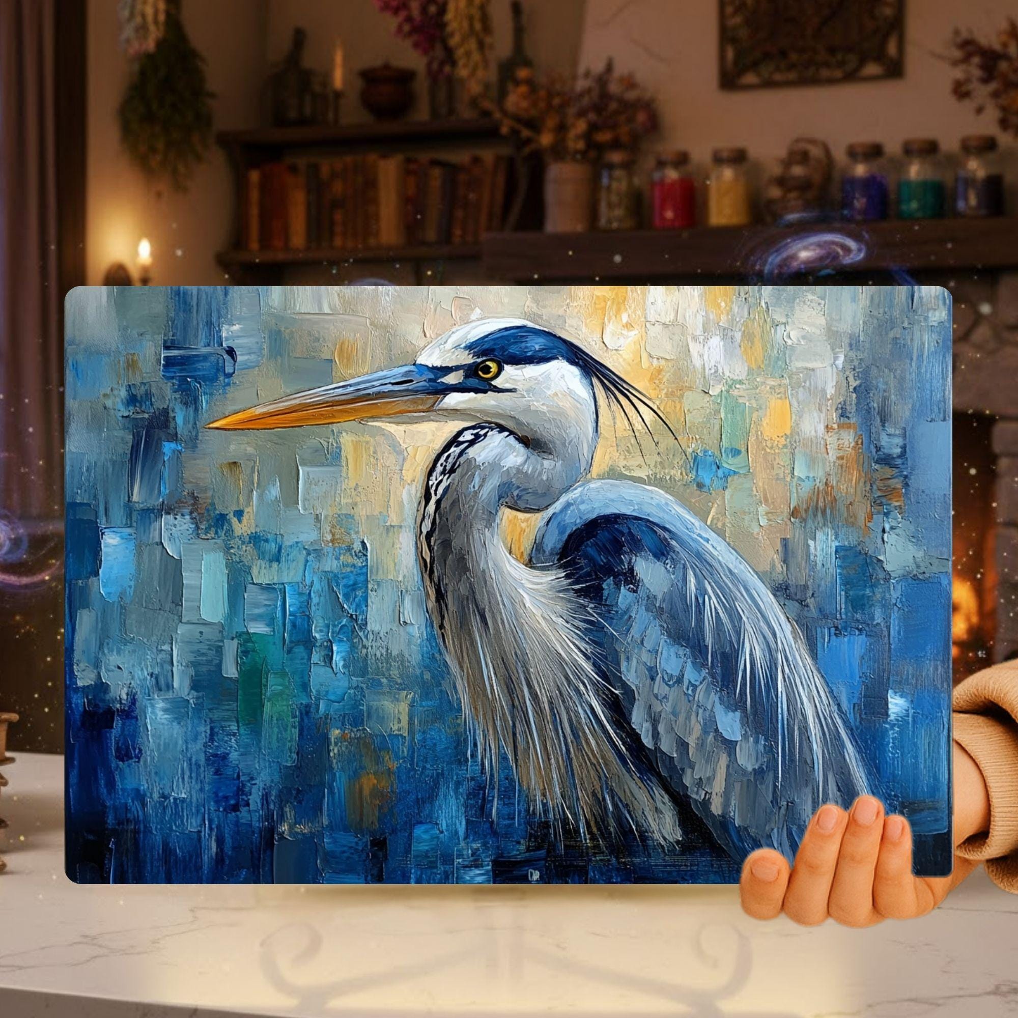 Blue Heron Abstract Glass Cutting Board, Coastal Bird Kitchen Glass Counter Art, Modern Nature Tempered Glass Board Coastal Gift