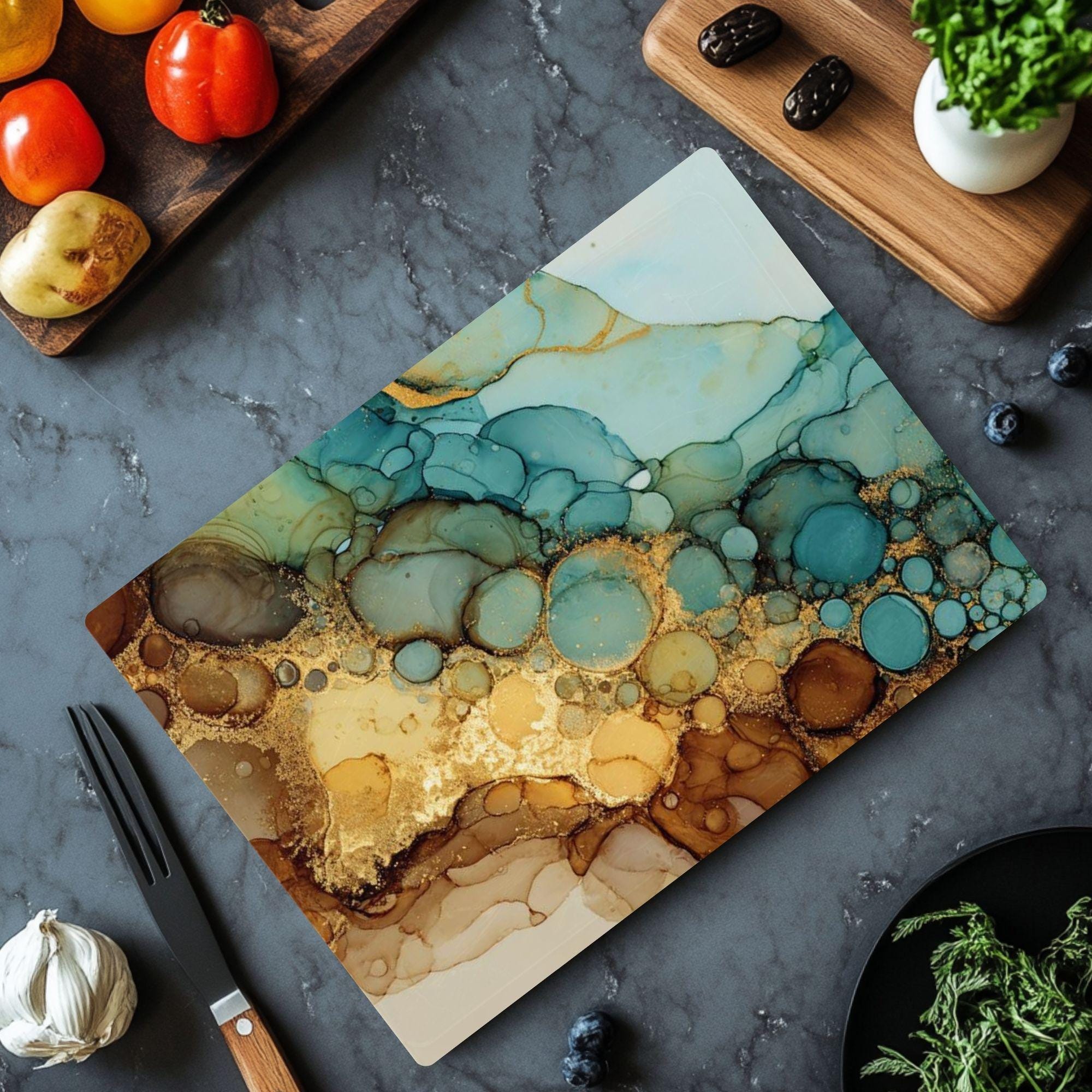 Teal Gold Glass Cutting Board, Alcohol Ink Swirl Kitchen Glass Counter Art, Modern Abstract Tempered Glass Board Colorful Home Gift