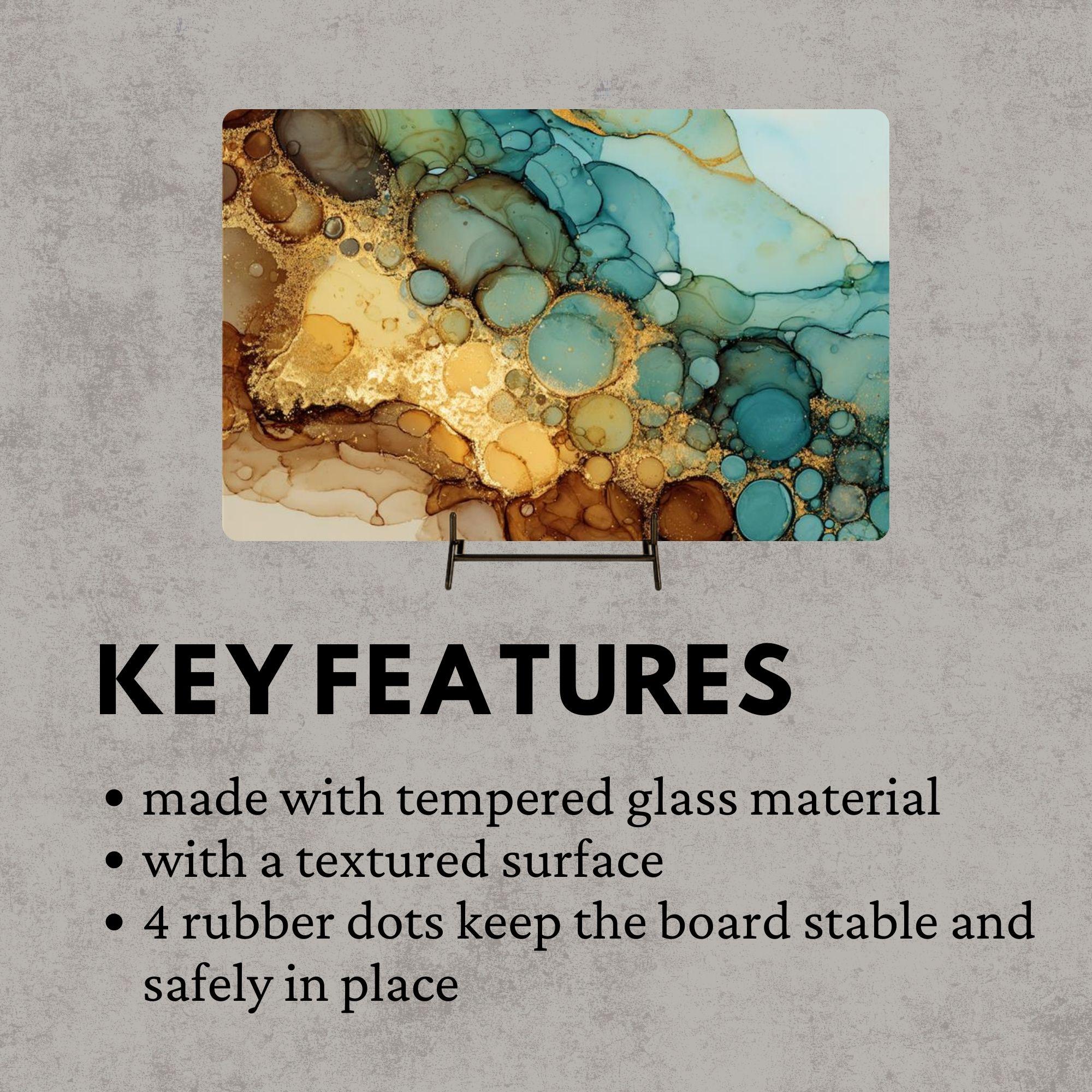 Teal Gold Glass Cutting Board, Alcohol Ink Swirl Kitchen Glass Counter Art, Modern Abstract Tempered Glass Board Colorful Home Gift