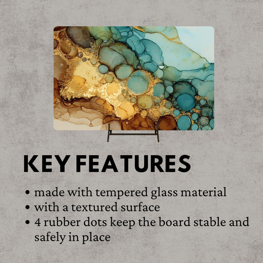 Teal Gold Glass Cutting Board, Alcohol Ink Swirl Kitchen Glass Counter Art, Modern Abstract Tempered Glass Board Colorful Home Gift