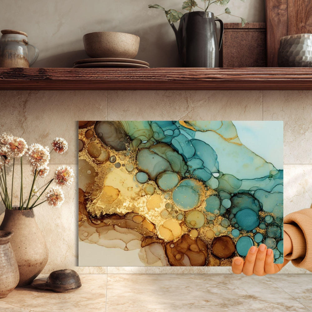 Teal Gold Glass Cutting Board, Alcohol Ink Swirl Kitchen Glass Counter Art, Modern Abstract Tempered Glass Board Colorful Home Gift