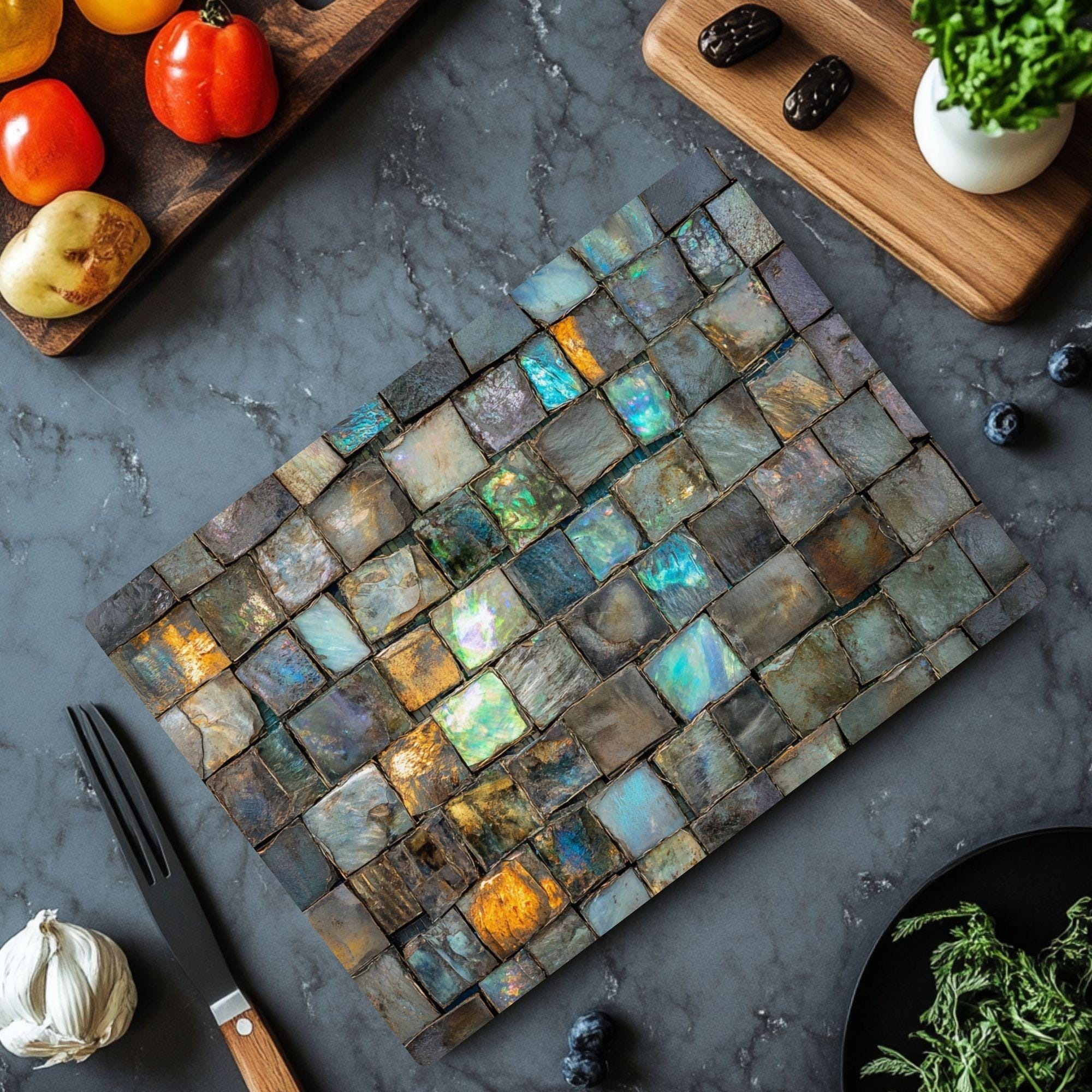 Iridescent Gemstone Mosaic Glass Cutting Board, Colorful Kitchen Glass Counter Art, Jewel Tone Pattern Decor, Functional Serving Board