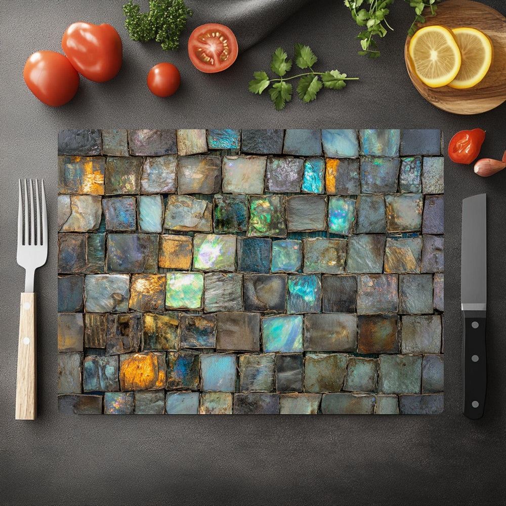 Iridescent Gemstone Mosaic Glass Cutting Board, Colorful Kitchen Glass Counter Art, Jewel Tone Pattern Decor, Functional Serving Board