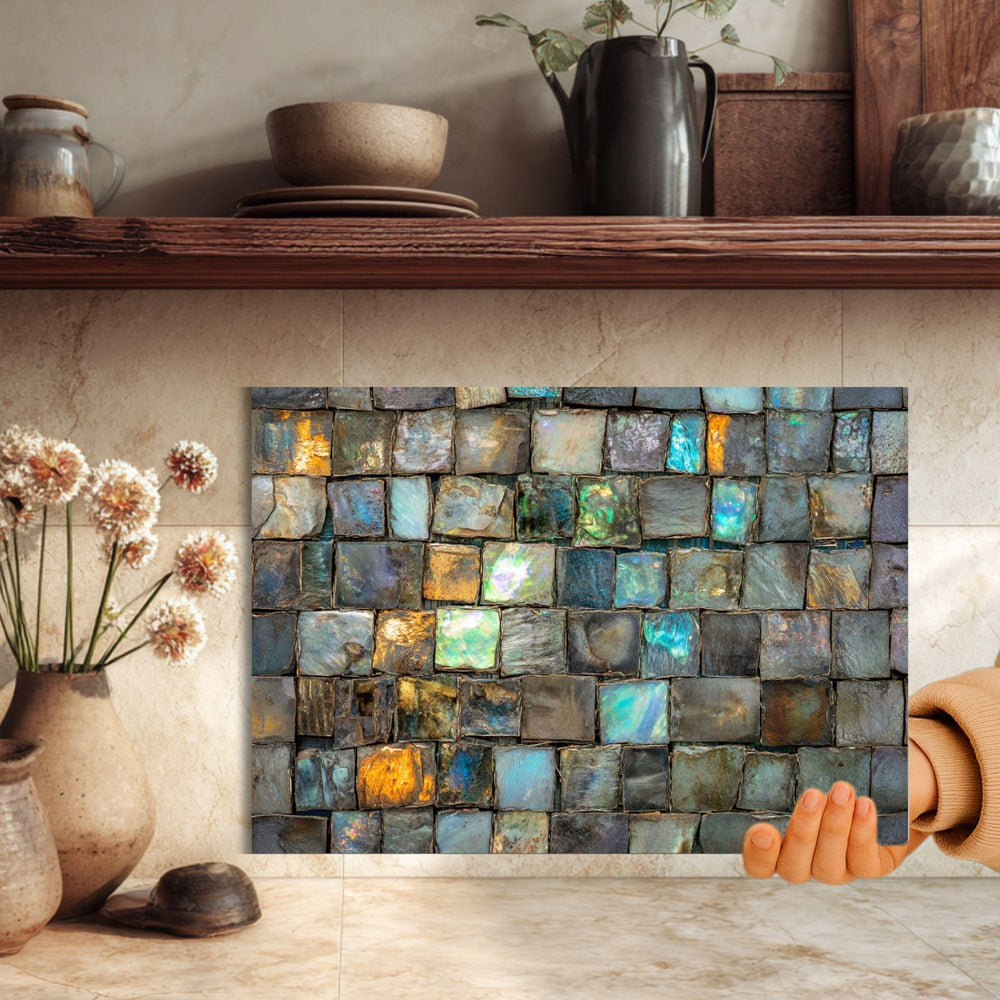 Iridescent Gemstone Mosaic Glass Cutting Board, Colorful Kitchen Glass Counter Art, Jewel Tone Pattern Decor, Functional Serving Board