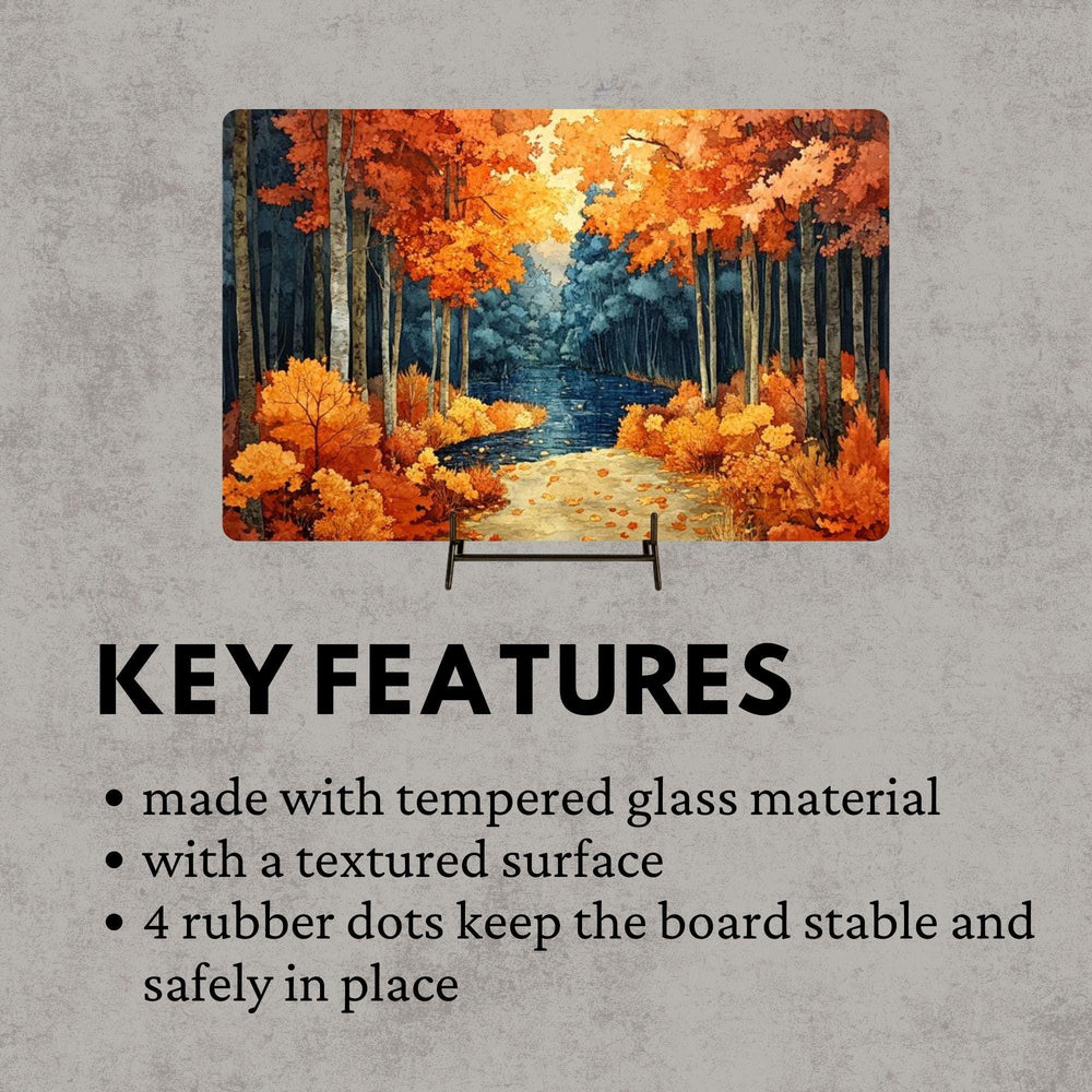 Autumn Forest Path Glass Cutting Board, Cozy Woodland Kitchen Counter Art, Fall Leaves Scenic Glass Board, Rustic Nature Home Accent