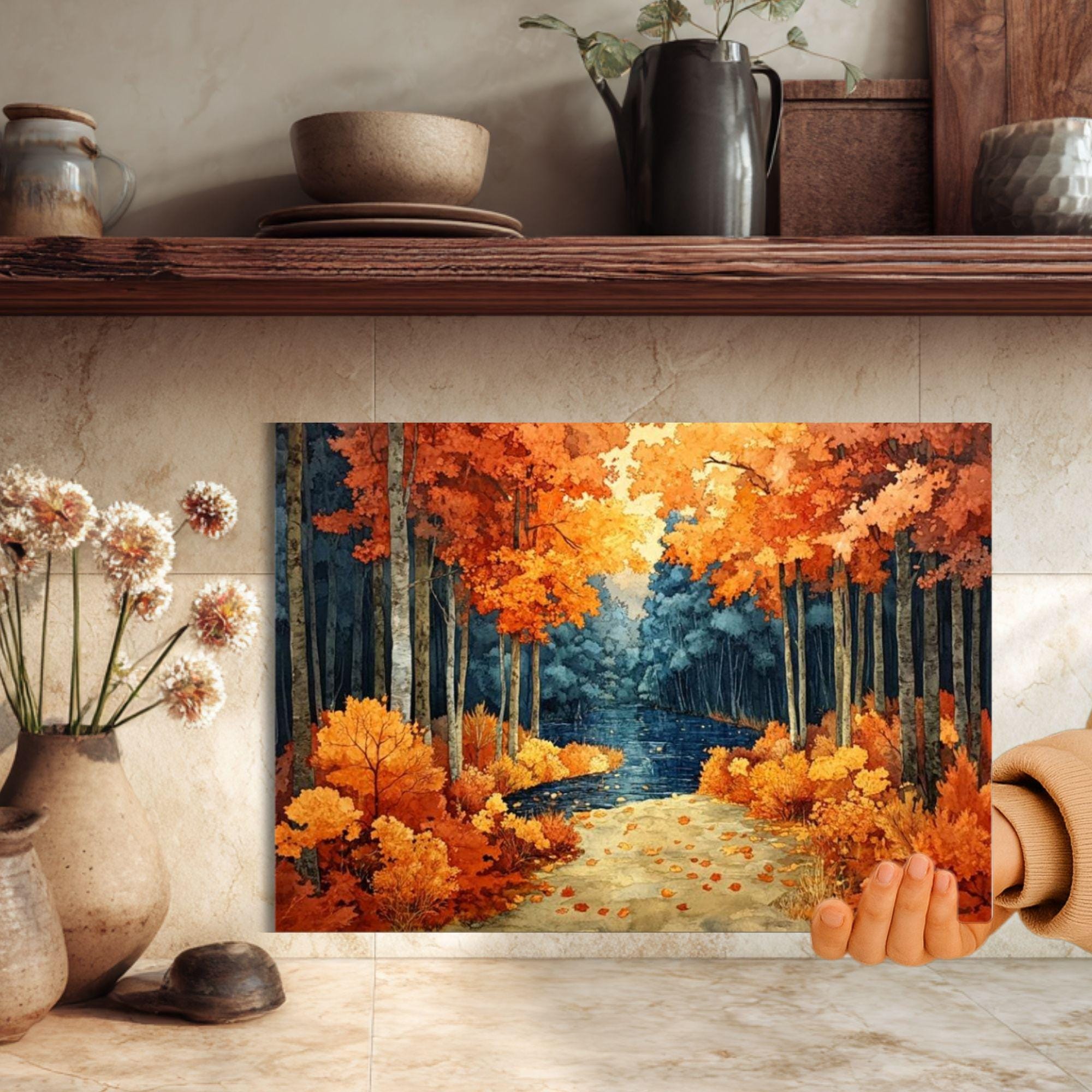 Autumn Forest Path Glass Cutting Board, Cozy Woodland Kitchen Counter Art, Fall Leaves Scenic Glass Board, Rustic Nature Home Accent